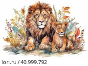 Watercolor picture of a lion and a lion cub on a white background, watercolor style, Generative AI. Стоковое AI-изображение, AI-художник Анна Кривицкая / Фотобанк Лори