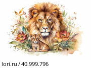 Watercolor picture of a lion and a lion cub on a white background, watercolor style, Generative AI. Стоковое AI-изображение, AI-художник Анна Кривицкая / Фотобанк Лори