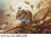 Field mouse among the grass, watercolor style, Generative AI. Стоковое AI-изображение, AI-художник Анна Кривицкая / Фотобанк Лори