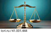 Golden scales on a wooden table with blue background. Generative AI image. Стоковое AI-изображение, AI-художник Сергей Старуш / Фотобанк Лори