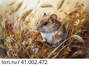 Field mouse among the grass, watercolor style, Generative AI. Стоковое AI-изображение, AI-художник Анна Кривицкая / Фотобанк Лори