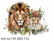 Watercolor picture of a lion and a lion cub on a white background, watercolor style, Generative AI. Стоковое AI-изображение, AI-художник Анна Кривицкая / Фотобанк Лори