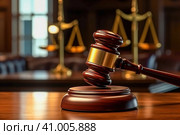 A hammer with scales in court. The concept of law-abiding, law. Стоковое AI-изображение, AI-художник Юрий Поздников / Фотобанк Лори
