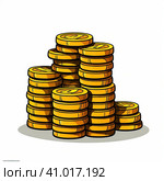 Stacks of coins are yellow on a white background. Created by AI. Стоковое фото, фотограф Ярославский Максим / Фотобанк Лори