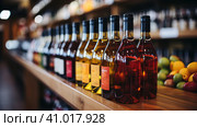 Red and white wine in bottles in wine shop. Generative AI. Стоковое AI-изображение, AI-художник Ирина Ручушкина / Фотобанк Лори