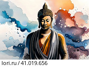 Watercolor painting style portrait of meditating Buddha. Стоковое AI-изображение, AI-художник Роман Сигаев / Фотобанк Лори