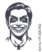 Monochrome portrait of a terribly smiling man with the inscription maniac. Logo, sticker or emblem. Стоковая иллюстрация, иллюстратор GAlexS / Фотобанк Лори