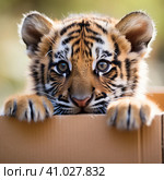 A tiger cub looks out of a cardboard box. a little predator. Generative AI. Стоковое AI-изображение, AI-художник Ирина Ручушкина / Фотобанк Лори