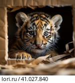 A tiger cub looks out of a cardboard box. a little predator. Generative AI. Стоковое AI-изображение, AI-художник Ирина Ручушкина / Фотобанк Лори