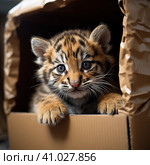 A tiger cub looks out of a cardboard box. a little predator. Generative AI. Стоковое AI-изображение, AI-художник Ирина Ручушкина / Фотобанк Лори