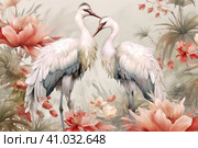 Cranes on a white background in rococo style,, watercolor style, Generative AI. Стоковое AI-изображение, AI-художник Анна Кривицкая / Фотобанк Лори
