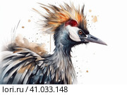 Crowned crane on a white background, watercolor style, Generative AI. Стоковое AI-изображение, AI-художник Анна Кривицкая / Фотобанк Лори