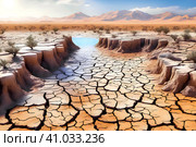 Обмелевшее русло реки. Засуха и нехватка воды. Стоковое AI-изображение, AI-художник Александр Бушков / Фотобанк Лори
