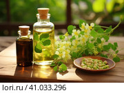 Moringa leaf and flower oil on a wooden table. Стоковое AI-изображение, AI-художник Ольга Ильина / Фотобанк Лори