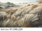 Beautiful landscape with hills and feather grass, watercolor style, Generative AI. Стоковое AI-изображение, AI-художник Анна Кривицкая / Фотобанк Лори