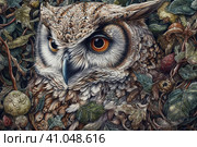 Owl close-up drawing with high detail and many artsy details, watercolor style, Generative AI. Стоковое AI-изображение, AI-художник Анна Кривицкая / Фотобанк Лори