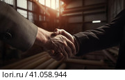 handshake between male against the background of the industrial factorys hangar. Стоковое AI-изображение, AI-художник Zakharova Natasha / Фотобанк Лори