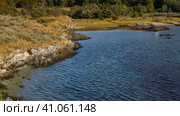 Yellow grass, trees grow on the shore of the blue lake. Lichens on picturesque coastal rocks. Ripples on the water. Lapataia Bay. Tierra del Fuego National Park. Argentina. Ushuaia. (2023 год). Стоковое фото, фотограф Вера Ивановна Кубарева / Фотобанк Лори