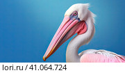 A beautiful white pelican on a blue background. A symbol of mentoring and education. Created by AI. Стоковое AI-изображение, AI-художник Ярославский Максим / Фотобанк Лори