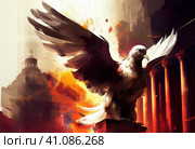 Flying dove against the backdrop of a burning city. Illustration by Generative AI. Стоковое AI-изображение, AI-художник Sergey Kohl / Фотобанк Лори