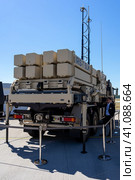 BERLIN, GERMANY - JUNE 23, 2022: MAN SX44 6x6 7-ton IRIS-T SL launcher by Diehl Defense. Exhibition ILA Berlin Air Show 2022. Редакционное фото, фотограф Sergey Kohl / Фотобанк Лори
