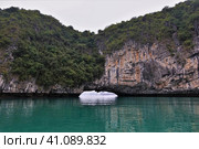 A cliff with steep slopes and green vegetation in Halong Bay. Above the water is a natural stone archway. Reflection. Vietnam (2019 год). Стоковое фото, фотограф Вера Ивановна Кубарева / Фотобанк Лори