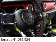 DIEDERSDORF, GERMANY - AUGUST 30, 2020: The interior of mid-size SUV Jeep Wrangler Unlimited Rubicon, 2020. The exhibition of "US Car Classics". Редакционное фото, фотограф Sergey Kohl / Фотобанк Лори