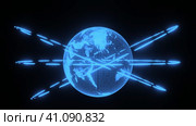 Abstract Digital Futuristic global planet Earth world map Hologram with orbits HARD Sci-fi on black background 3D rendering. modern business and technology concept. Стоковое видео, видеограф Ирина Ткачук / Фотобанк Лори