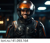 Biker in a modern helmet. Стоковое AI-изображение, AI-художник Кирилл Черезов / Фотобанк Лори
