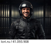 Biker in a modern helmet. Стоковое AI-изображение, AI-художник Кирилл Черезов / Фотобанк Лори