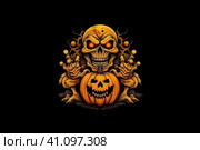 Monster pumpkin halloween design. Logo with skull and scary pumpkin on black background. Стоковое фото, фотограф Константин Григорьев / Фотобанк Лори