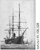 Richelieu (1868) - a wooden-hulled central battery ironclad built for the French Navy. Illustration of the 19th century. Germany. White background. Стоковая иллюстрация, иллюстратор Sergey Kohl / Фотобанк Лори