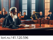 Portrait of a judge at the table at a trial. Стоковое AI-изображение, AI-художник Юрий Поздников / Фотобанк Лори
