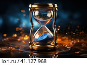 Time is running fast. Hourglass with blue sand inside in mature woman's hand symbolize the brevity of life. Background is sea with beautiful sunlights. Concept of the rapid passage of time.Copy space. Стоковое AI-изображение, AI-художник Ирина Михайличенко / Фотобанк Лори