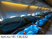 BERLIN, GERMANY - APRIL 25, 2018: Interior of the salon for evacuation and first aid to the wounded of transport Airbus A310-900 MRTT MedEvac "Hermann Kohl". German Air Force. Exhibition ILA Berlin Air Show 2018. Редакционное фото, фотограф Sergey Kohl / Фотобанк Лори