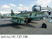 BERLIN, GERMANY - JUNE 02, 2016: Fighter aircraft Messerschmitt Me 262 B-1a "Schwalbe". Modern replica by Airbus Group. Exhibition ILA Berlin Air Show 2016. Редакционное фото, фотограф Sergey Kohl / Фотобанк Лори