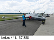 BERLIN, GERMANY - JUNE 02, 2016: The two-seat jet trainer Fouga Magister CM-170. Exhibition ILA Berlin Air Show 2016. Редакционное фото, фотограф Sergey Kohl / Фотобанк Лори