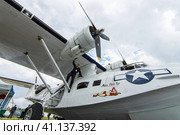 BERLIN, GERMANY - JUNE 02, 2016: Maritime patrol and search-and-rescue seaplane Consolidated PBY Catalina (PBY-5A). Exhibition ILA Berlin Air Show 2016. Редакционное фото, фотограф Sergey Kohl / Фотобанк Лори