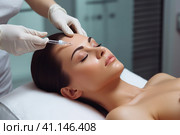 A beautiful girl is injected with Botox in the forehead. Стоковое AI-изображение, AI-художник Поликарпов Владимир Владимирович / Фотобанк Лори