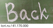 The word BACK written by hand in white chalk on a green school blackboard. Стоковое фото, фотограф Юлия Петровская / Фотобанк Лори