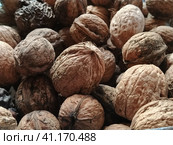 Walnuts close-up. Harvest of nuts. Walnut fruits, rounded large single single-seeded drupes. A healthy diet that includes glycerides of linoleic, oleic, stearic, palmitic and linolenic acids. Стоковое фото, фотограф Юлия Петровская / Фотобанк Лори
