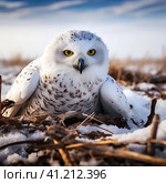 Полярная сова в тундре (Snowy owl, Bubo scandiacus, Nyctea scandiaca). Generative AI. Стоковое AI-изображение, AI-художник Щеголева Ольга / Фотобанк Лори