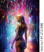 A cyber goddess emerging from her pixelated, psychedelic, digital space. Стоковое AI-изображение, AI-художник Ярославский Максим / Фотобанк Лори