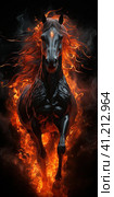 A black horse, a ghost, a flowing black mane, fierce, flaming red eyes, is engulfed in flames. Generated by AI. Стоковое AI-изображение, AI-художник Ярославский Максим / Фотобанк Лори