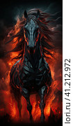 A black horse, a ghost, a flowing black mane, fierce, flaming red eyes, is engulfed in flames. Generated by AI. Стоковое AI-изображение, AI-художник Ярославский Максим / Фотобанк Лори