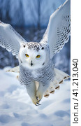 Полярная сова охотится (Snowy owl, Bubo scandiacus, Nyctea scandiaca). Generative AI. Стоковое AI-изображение, AI-художник Щеголева Ольга / Фотобанк Лори