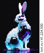 Белый пушистый кролик в костюме из черного латекса. White Fluffy Rabbit in a Black Latex Costume AI generated. Стоковое AI-изображение, AI-художник Алексей Траст / Фотобанк Лори