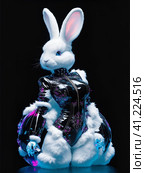 Белый пушистый кролик в костюме из черного латекса. White Fluffy Rabbit in a Black Latex Costume AI generated. Стоковое AI-изображение, AI-художник Алексей Траст / Фотобанк Лори