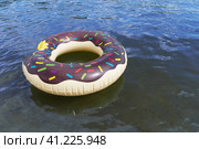 An inflatable circle in the form of a bitten doughnut floats on the water in the river. In the clear water bottom of the river and reflection of doughnut can be seen. Focus on the far side of doughnut. Надувной круг в виде надкусанного пончика плавает по воде в реке. В прозрачной воде видно дно реки и отражение пончика. Стоковое фото, фотограф Дмитрий Березнев / Фотобанк Лори