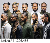 Stylish dreadlock hairstyles from the African American men's catalog. Стоковое AI-изображение, AI-художник Юрий Поздников / Фотобанк Лори